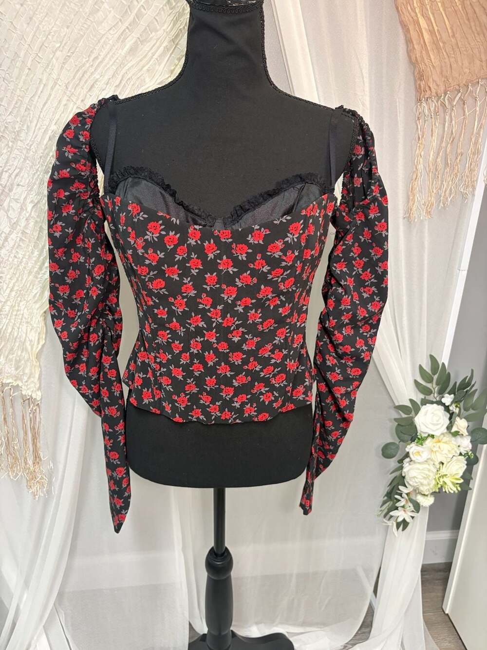 Moda Rose Print Corset Top | Off-Shoulder Puff Sleeve Bustier | Size M